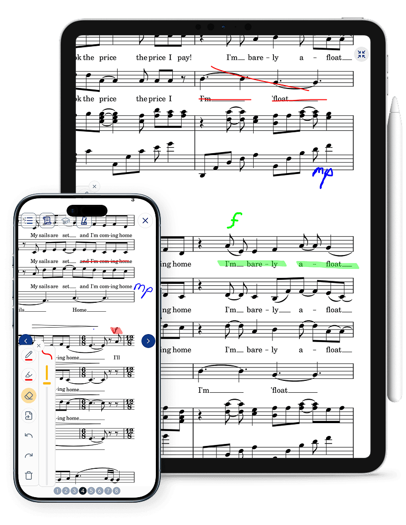 cori Chor-App: Notenblatt mit handschriftlichen Stift-Annotationen wie Atemzeichen und Dynamik-Markierungen, synchronisiert auf allen Geräten